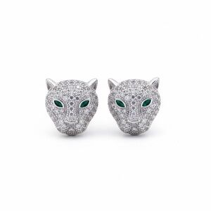 SILVER PANTHER GREEN CLEAR CZ STONES STUDS